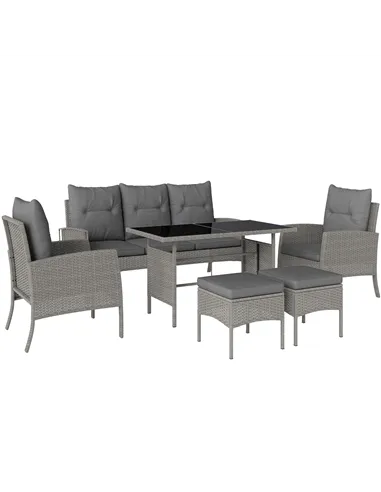 Outsunny 5 Seater Rattan Garden Furniture Set, 2 Armchairs, 3-Seater Wicker Sofa, 2 Footstools and Glass Table, 6 Piece Patio Ra