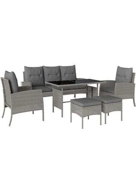 Outsunny 5 Seater Rattan Garden Furniture Set, 2 Armchairs, 3-Seater Wicker Sofa, 2 Footstools and Glass Table, 6 Piece Patio Ra