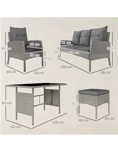 Outsunny 5 Seater Rattan Garden Furniture Set, 2 Armchairs, 3-Seater Wicker Sofa, 2 Footstools and Glass Table, 6 Piece Patio Ra