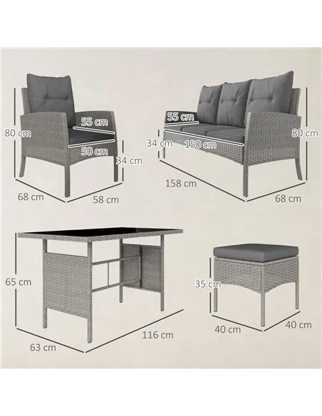 Outsunny 5 Seater Rattan Garden Furniture Set, 2 Armchairs, 3-Seater Wicker Sofa, 2 Footstools and Glass Table, 6 Piece Patio Ra