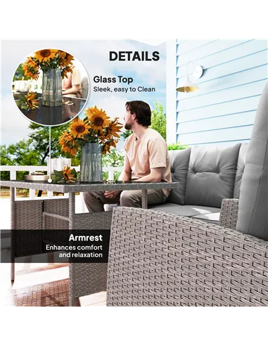 Outsunny 5 Seater Rattan Garden Furniture Set, 2 Armchairs, 3-Seater Wicker Sofa, 2 Footstools and Glass Table, 6 Piece Patio Ra