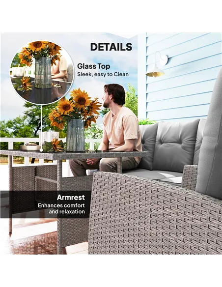 Outsunny 5 Seater Rattan Garden Furniture Set, 2 Armchairs, 3-Seater Wicker Sofa, 2 Footstools and Glass Table, 6 Piece Patio Ra