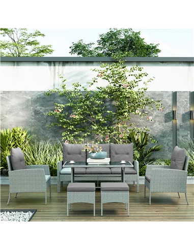 Outsunny 5 Seater Rattan Garden Furniture Set, 2 Armchairs, 3-Seater Wicker Sofa, 2 Footstools and Glass Table, 6 Piece Patio Ra