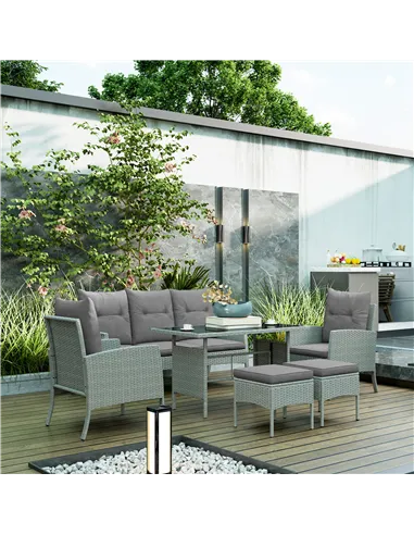 Outsunny 5 Seater Rattan Garden Furniture Set, 2 Armchairs, 3-Seater Wicker Sofa, 2 Footstools and Glass Table, 6 Piece Patio Ra