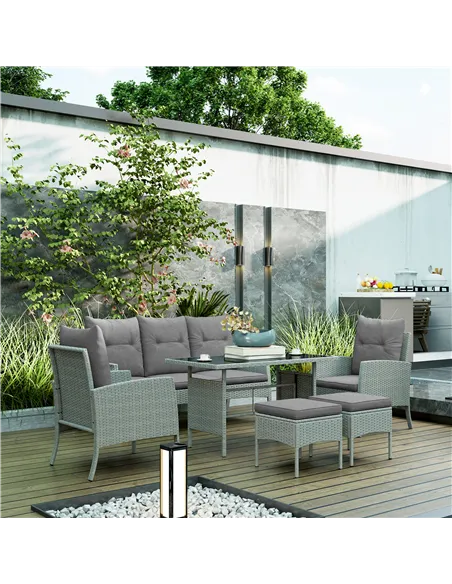 Outsunny 5 Seater Rattan Garden Furniture Set, 2 Armchairs, 3-Seater Wicker Sofa, 2 Footstools and Glass Table, 6 Piece Patio Ra