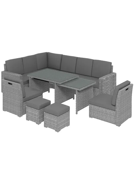 Outsunny Seven-Piece Rattan Garden Sofa Set, with Expanding Table - Light Grey