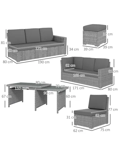 Outsunny Seven-Piece Rattan Garden Sofa Set, with Expanding Table - Light Grey