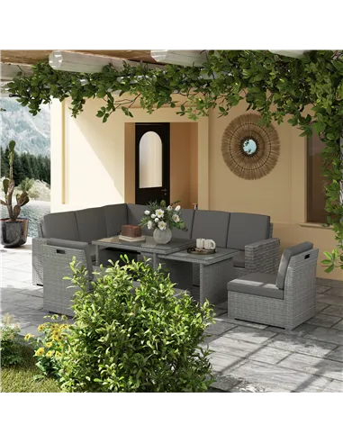 Outsunny Seven-Piece Rattan Garden Sofa Set, with Expanding Table - Light Grey