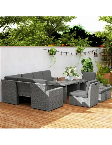 Outsunny Seven-Piece Rattan Garden Sofa Set, with Expanding Table - Light Grey