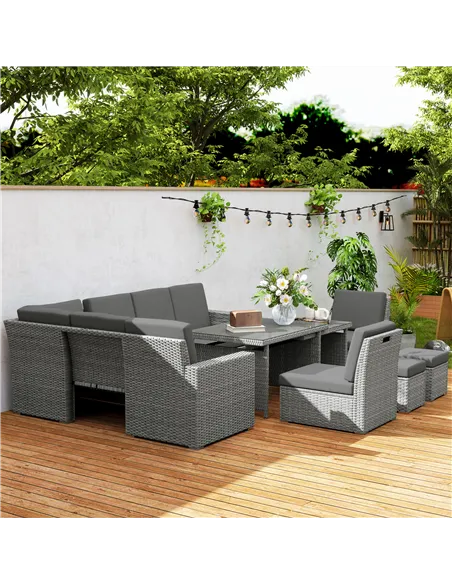 Outsunny Seven-Piece Rattan Garden Sofa Set, with Expanding Table - Light Grey