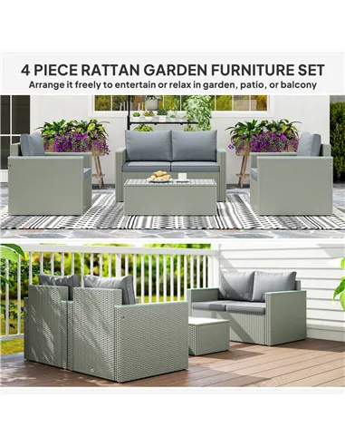 Outsunny Four-Piece Rattan Sofa Set, with Wood-Top Table