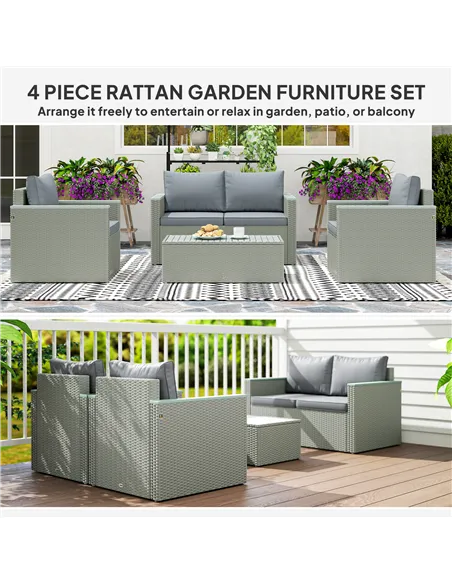 Outsunny Four-Piece Rattan Sofa Set, with Wood-Top Table