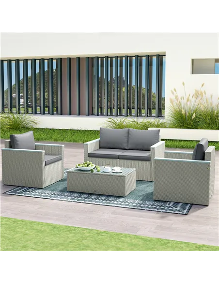 Outsunny Four-Piece Rattan Sofa Set, with Wood-Top Table
