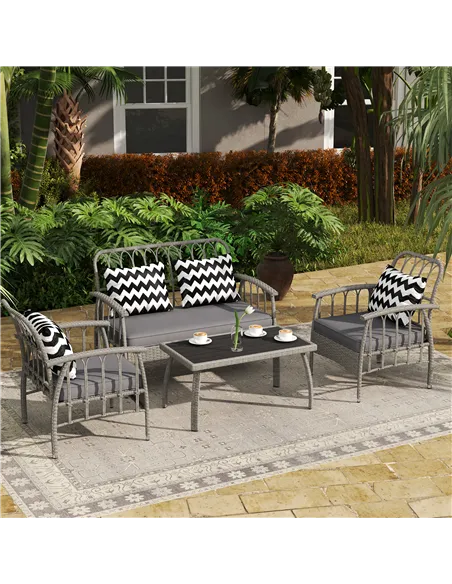 Outsunny Four-Piece Rattan Cut-Out Sofa Set - Grey