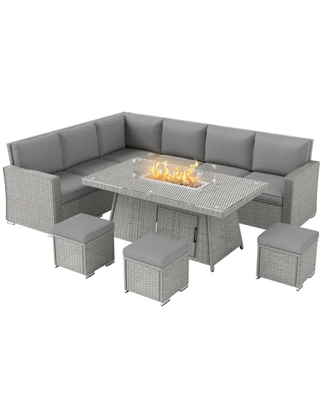 Outsunny Seven-Piece Firepit Table Rattan Sofa Set - Grey