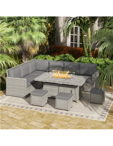 Outsunny Seven-Piece Firepit Table Rattan Sofa Set - Grey