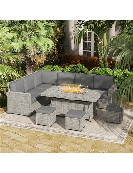 Outsunny Seven-Piece Firepit Table Rattan Sofa Set - Grey