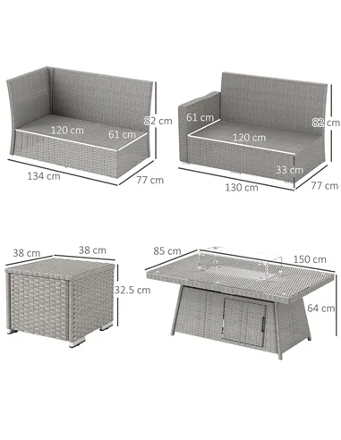 Outsunny Seven-Piece Firepit Table Rattan Sofa Set - Grey