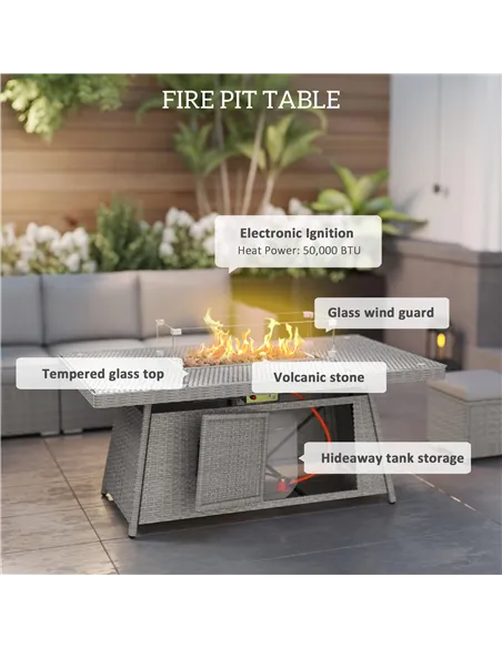 Outsunny Seven-Piece Firepit Table Rattan Sofa Set - Grey