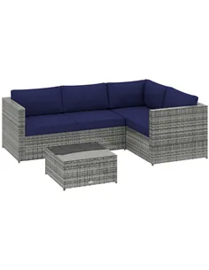 Outsunny 3 Pieces PE Rattan Garden Furniture Set with 10 cm Thick Cushions, 4 Seater Garden Corner Sofa Set with Glass Top Coffe
