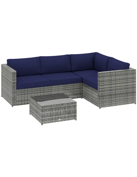Outsunny 3 Pieces PE Rattan Garden Furniture Set with 10 cm Thick Cushions, 4 Seater Garden Corner Sofa Set with Glass Top Coffe