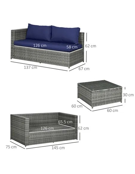 Outsunny 3 Pieces PE Rattan Garden Furniture Set with 10 cm Thick Cushions, 4 Seater Garden Corner Sofa Set with Glass Top Coffe