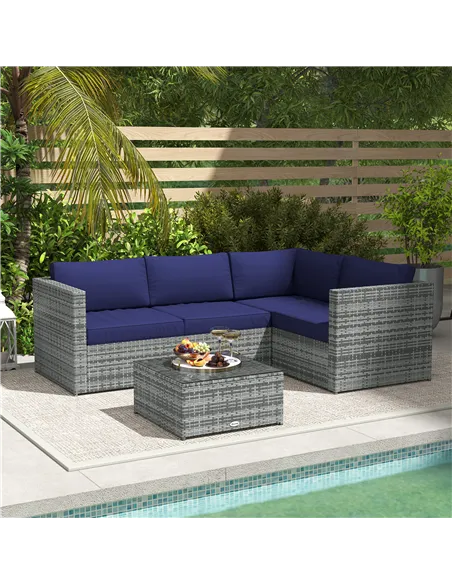 Outsunny 3 Pieces PE Rattan Garden Furniture Set with 10 cm Thick Cushions, 4 Seater Garden Corner Sofa Set with Glass Top Coffe