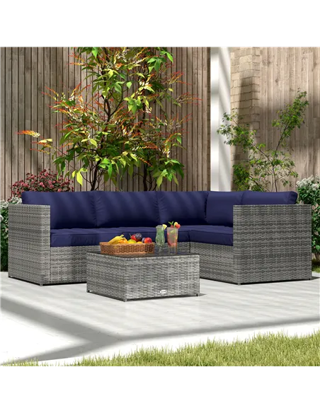Outsunny 3 Pieces PE Rattan Garden Furniture Set with 10 cm Thick Cushions, 4 Seater Garden Corner Sofa Set with Glass Top Coffe