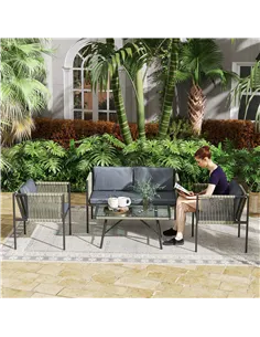 Outsunny Four-Piece Round Rattan Rope Sofa Set - Grey 2