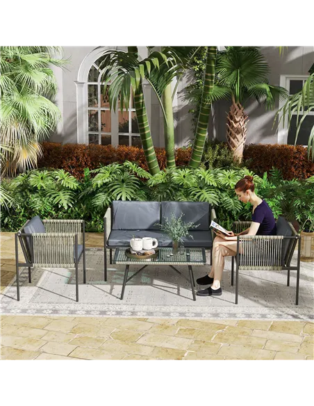 Outsunny Four-Piece Round Rattan Rope Sofa Set - Grey