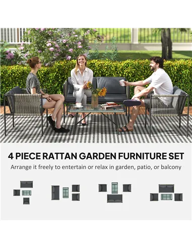 Outsunny Four-Piece Round Rattan Rope Sofa Set - Grey