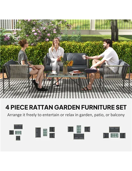 Outsunny Four-Piece Round Rattan Rope Sofa Set - Grey