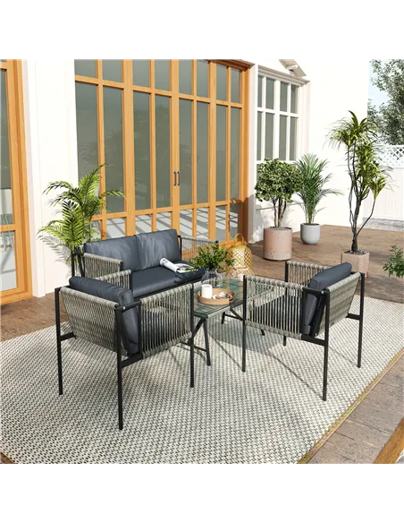 Outsunny Four-Piece Round Rattan Rope Sofa Set - Grey