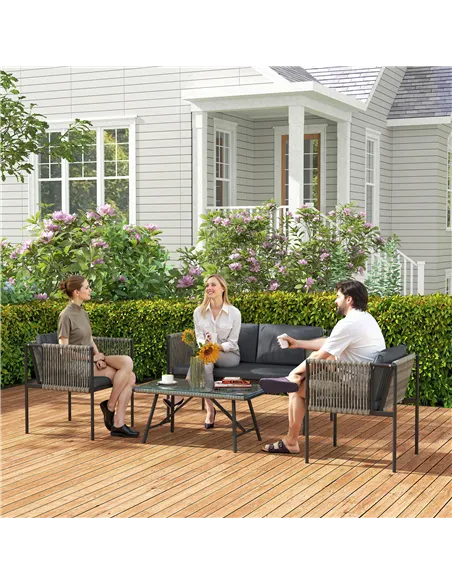 Outsunny Four-Piece Round Rattan Rope Sofa Set - Grey