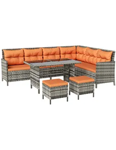 Outsunny 7-Seater Patio wicker Sofa Set Rattan Chair Furniture w/ Glass & Cushioned, Orange
