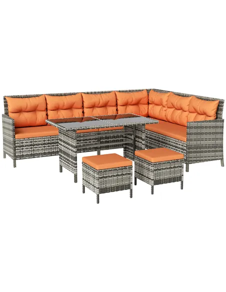Outsunny 7-Seater Patio wicker Sofa Set Rattan Chair Furniture w/ Glass & Cushioned, Orange