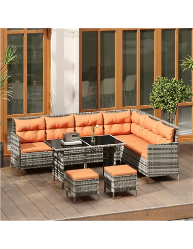 Outsunny 7-Seater Patio wicker Sofa Set Rattan Chair Furniture w/ Glass & Cushioned, Orange