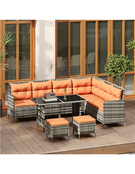 Outsunny 7-Seater Patio wicker Sofa Set Rattan Chair Furniture w/ Glass & Cushioned, Orange