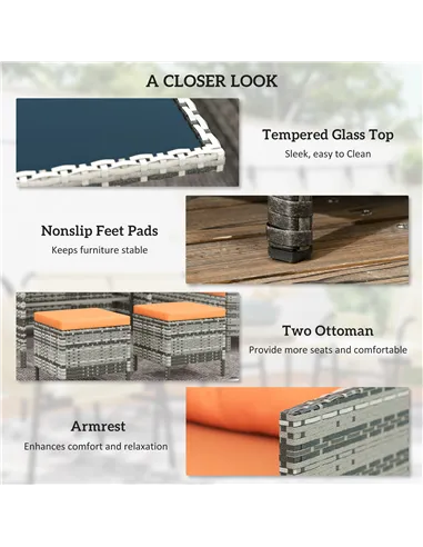 Outsunny 7-Seater Patio wicker Sofa Set Rattan Chair Furniture w/ Glass & Cushioned, Orange