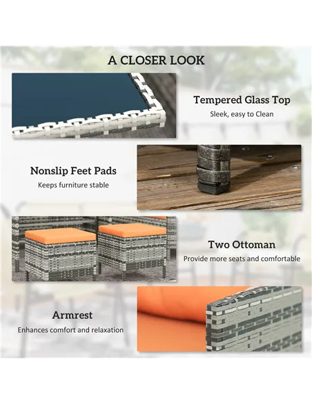 Outsunny 7-Seater Patio wicker Sofa Set Rattan Chair Furniture w/ Glass & Cushioned, Orange