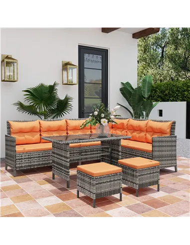 Outsunny 7-Seater Patio wicker Sofa Set Rattan Chair Furniture w/ Glass & Cushioned, Orange