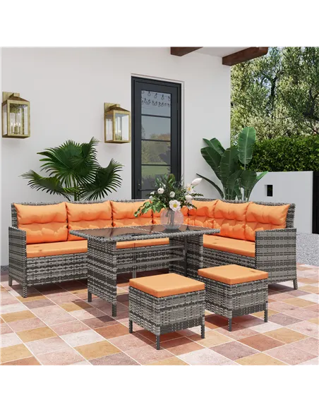 Outsunny 7-Seater Patio wicker Sofa Set Rattan Chair Furniture w/ Glass & Cushioned, Orange