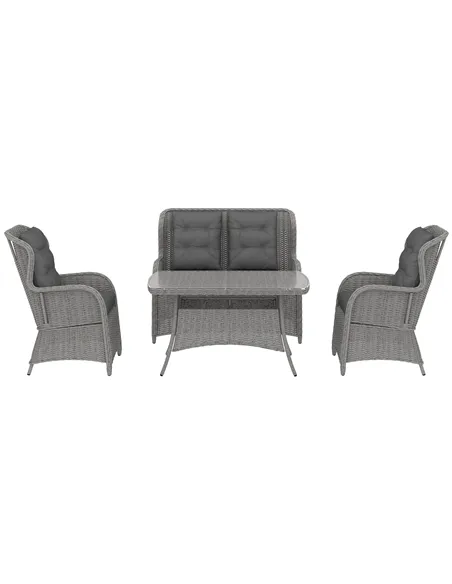 Outsunny Garden PE Rattan Dining Sofa Set, Outdoor 4 Seater Wicker Furniture, High Back Chairs with Cushions, Tempered Glass Cof