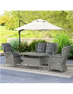 Outsunny Garden PE Rattan Dining Sofa Set, Outdoor 4 Seater Wicker Furniture, High Back Chairs with Cushions, Tempered Glass Cof 2