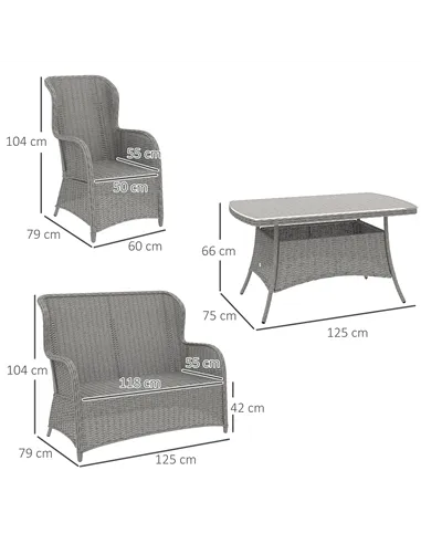 Outsunny Garden PE Rattan Dining Sofa Set, Outdoor 4 Seater Wicker Furniture, High Back Chairs with Cushions, Tempered Glass Cof