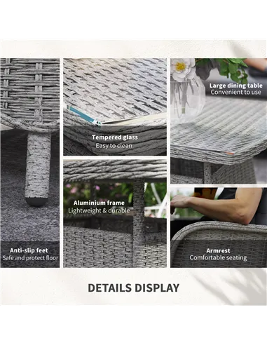 Outsunny Garden PE Rattan Dining Sofa Set, Outdoor 4 Seater Wicker Furniture, High Back Chairs with Cushions, Tempered Glass Cof