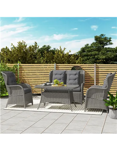 Outsunny Garden PE Rattan Dining Sofa Set, Outdoor 4 Seater Wicker Furniture, High Back Chairs with Cushions, Tempered Glass Cof