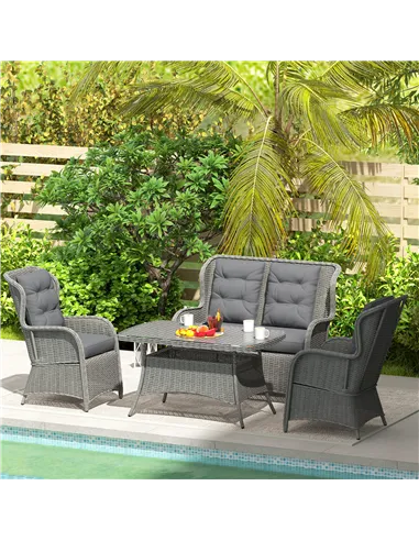 Outsunny Garden PE Rattan Dining Sofa Set, Outdoor 4 Seater Wicker Furniture, High Back Chairs with Cushions, Tempered Glass Cof