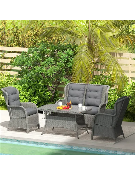 Outsunny Garden PE Rattan Dining Sofa Set, Outdoor 4 Seater Wicker Furniture, High Back Chairs with Cushions, Tempered Glass Cof