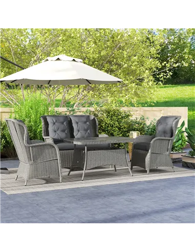 Outsunny Garden PE Rattan Dining Sofa Set, Outdoor 4 Seater Wicker Furniture, High Back Chairs with Cushions, Tempered Glass Cof